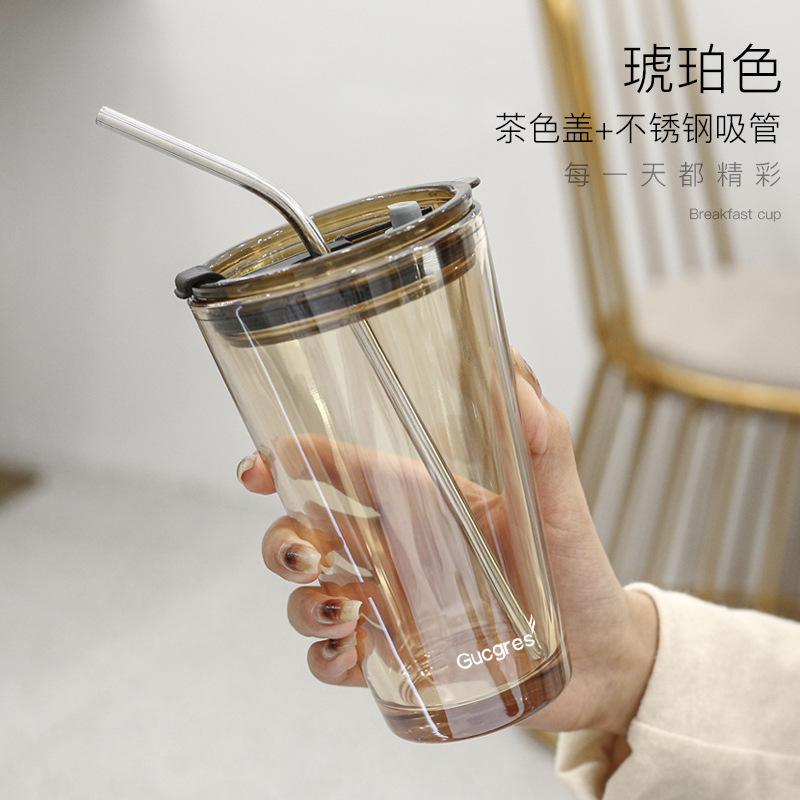 Vaso de Cristal con Pajita Aurora Boreal – Para Leche, Té y Café, Regalo de Apertura