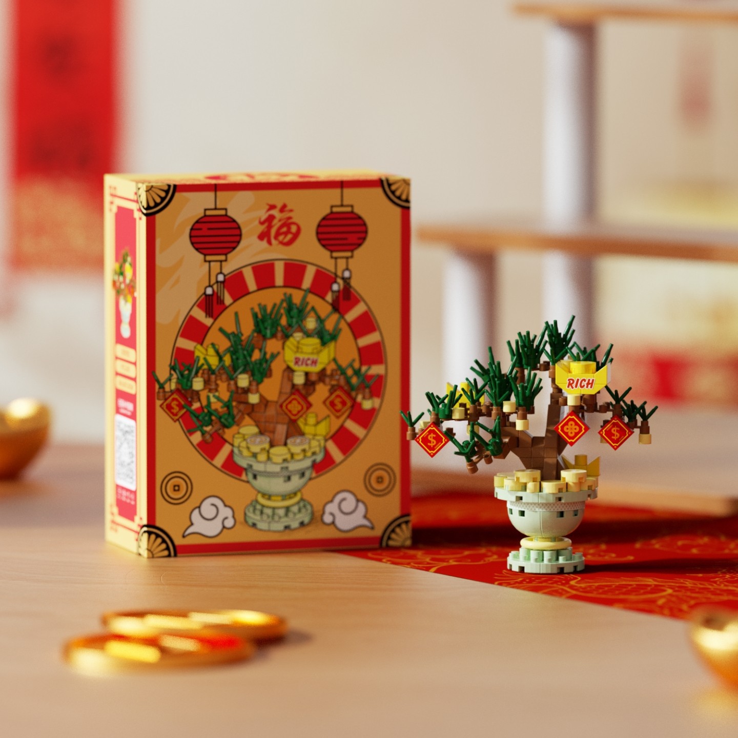 Nuevo modelo compatible con flores de Año Nuevo Nafu naranja árbol rico rico adornos de bloques de bambú preciosos regalos juguetes de Año Nuevo