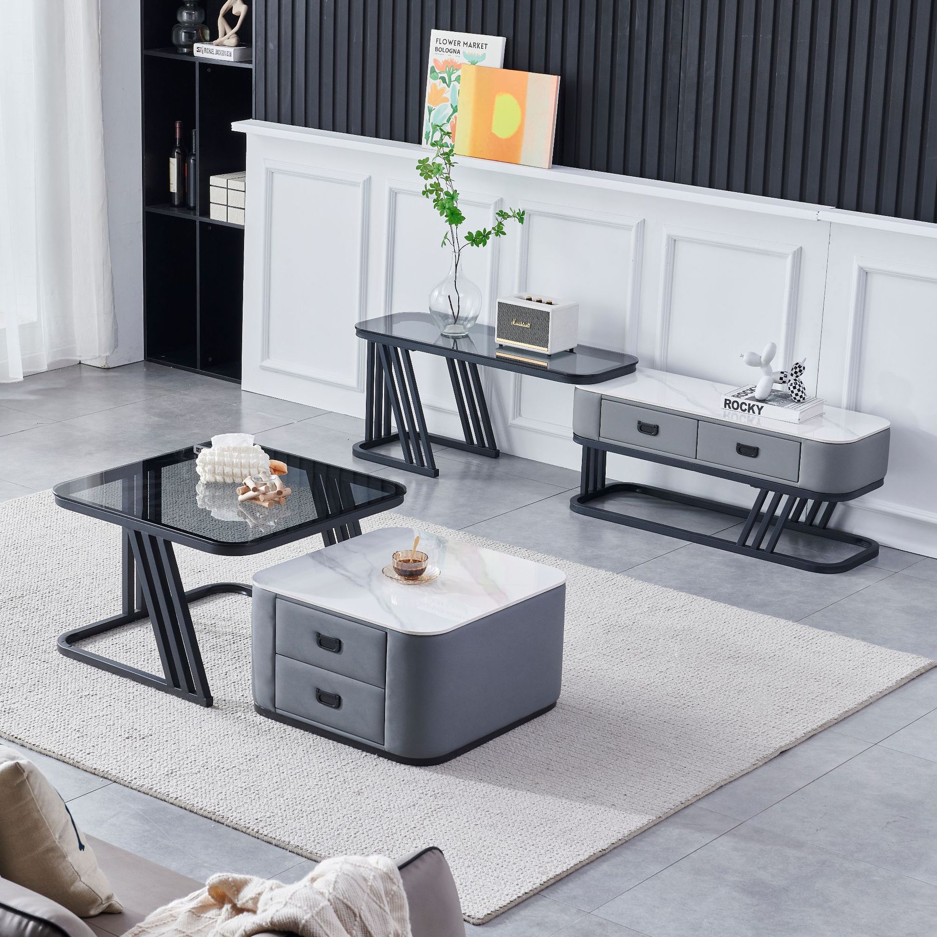 Juego de mesa de centro y mueble para TV de pizarra para uso doméstico en salas de estar pequeñas, apartamento tapizado, estilo minimalista italiano, almacenamiento cuadrado extensible. image 8