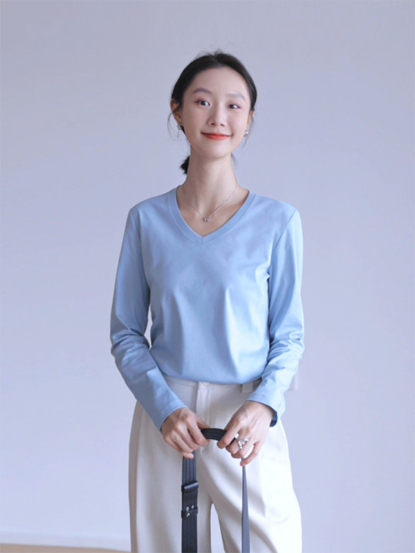 纯棉长袖T恤女修身外穿内搭v字领打底衫上衣春秋|undefined