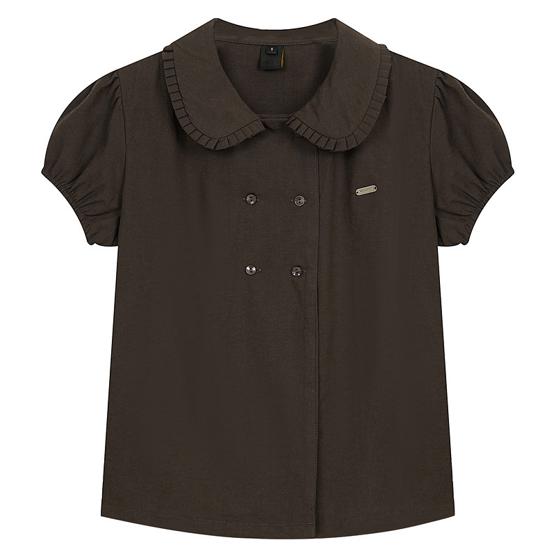 Dark Brown Ruffled Doll Collar Short-Sleeve Shirt with Double-Breasted Puff Sleeves, Vintage College Style Everyday Blouse Dark Brown Ruffled Doll Collar Short-Sleeve Shirt with Double-Breasted Puff Sleeves, Vintage College Style Everyday Blouse