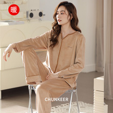 简约休闲套头睡衣女款秋冬季加厚海岛绒高档实体家居服可外穿套装