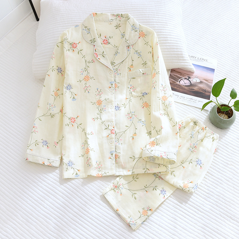 Pajamas for Women, Pure Cotton Gauze, Spring and Summer Fresh Cotton Lapel Suit, Long-Sleeved Loose, Fresh and Simple Home Wear Suit