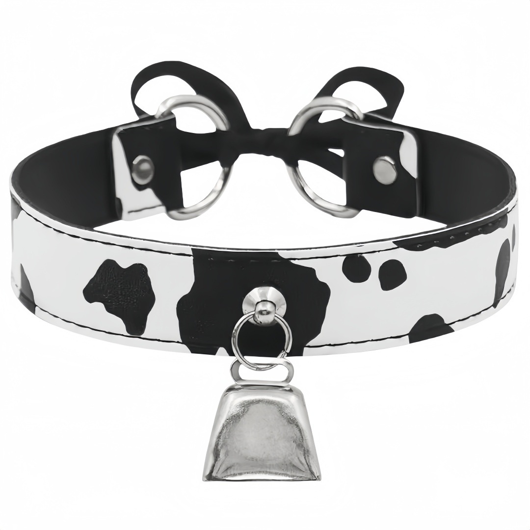 European and American Fashion Exaggerated Soft Girl Sweet Bow Cow Print Choker Neckband Sexy Big Bell Pu Leather Necklace