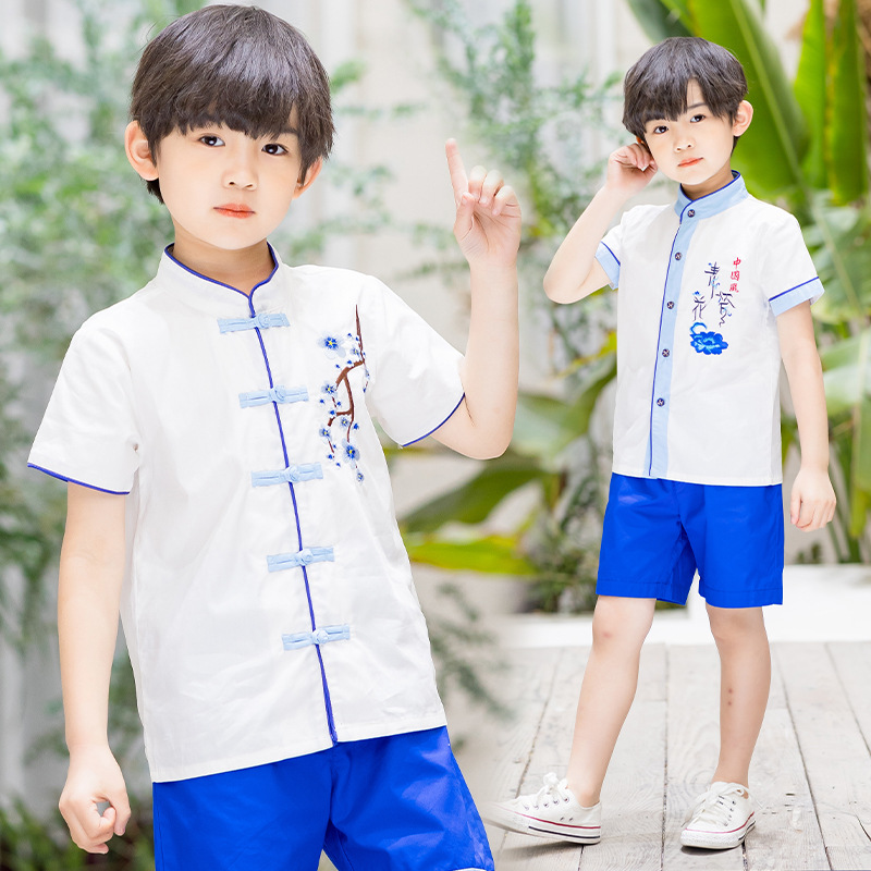 2021夏季新款漢服男童套裝兒童兩件套中國風短褲套裝中大童表演服