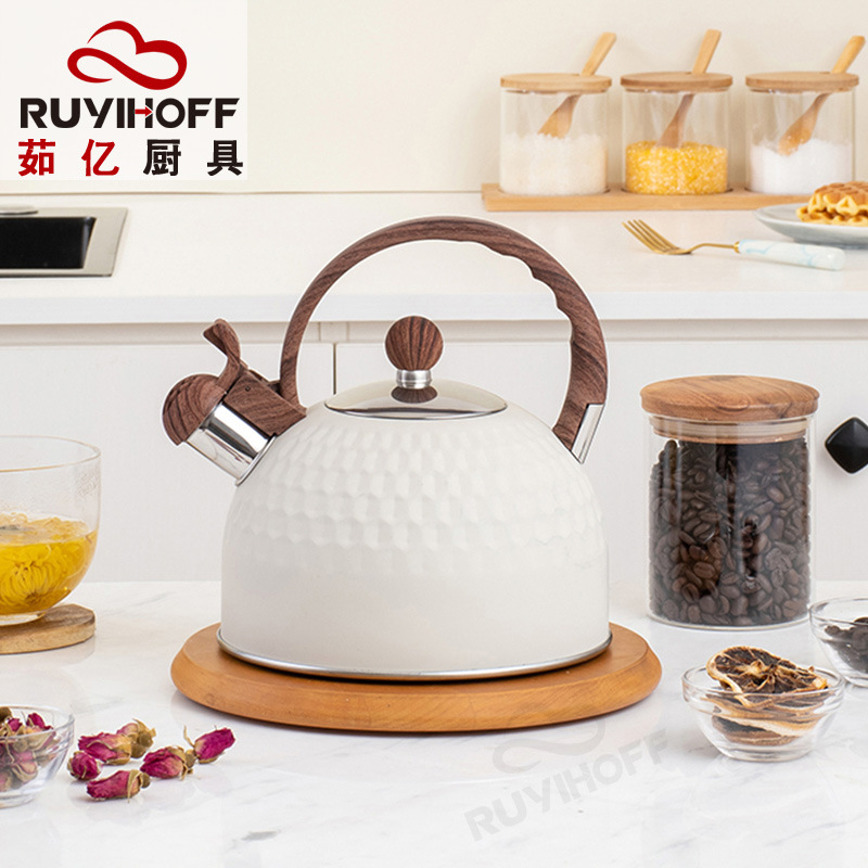 Beige martillado silbato hervidor 5L Amazon transfronterizo de acero inoxidable silbato hervidor de agua Yangjiang fábrica