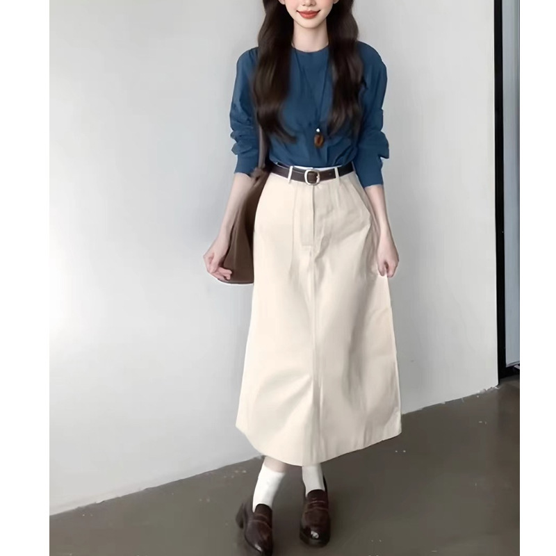 法式湖蓝色圆领长袖衬衫女装2025秋季新款高JI感显瘦衬衣气质上衣|undefined