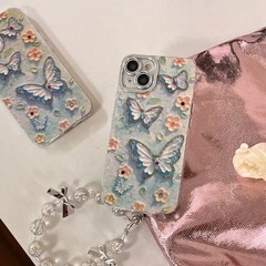 藍光點鑽油畫花朵蝴蝶適用iPhone13手機殼14ProMax蘋果15情侶12軟