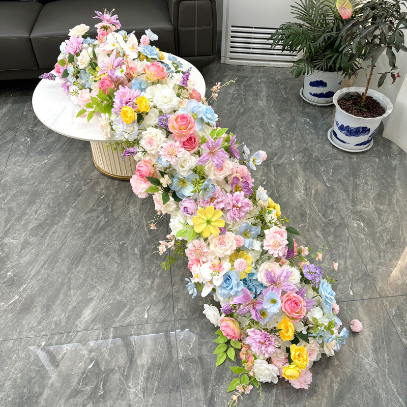 クロスボーダーバーガンディ結婚式の背景の壁の装飾花列アーチ花ウィンドウショールームテーブルフラワーロング列花偽ロングストリップ花|undefined
