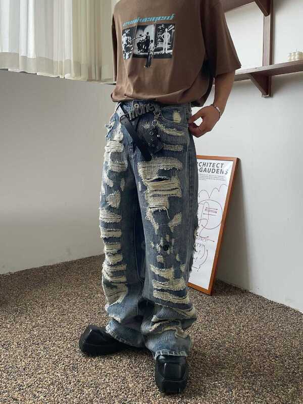Spring 2023 Street Heavy Industry Trendy Brand Ripped Loose Straight Washing Jeans Men's and Women's All-match Long Pants Spring 2023 Street Heavy Industry Trendy Brand Ripped Loose Straight Washing Jeans Men's and Women's All-match Long Pants