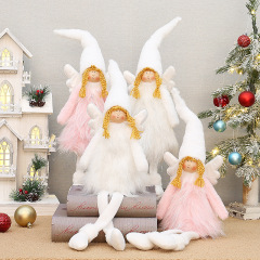クリスマス装飾ピンクと白の生地脚格納式翼天使人形セット装飾用品