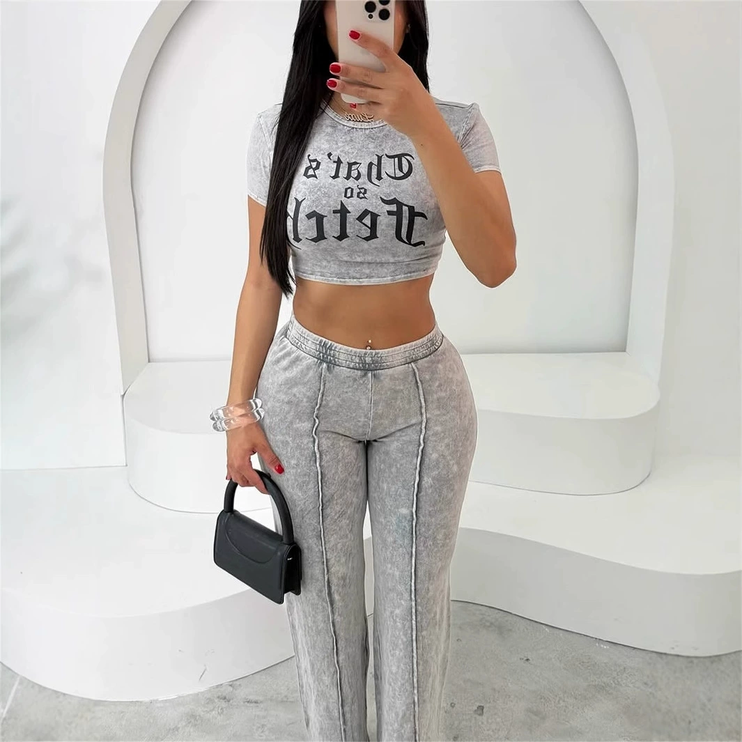 Европейский и американский новый трансграничный High Street hiphop сплошной цвет уличный принт с короткими рукавами топ прямой брюки костюм женский