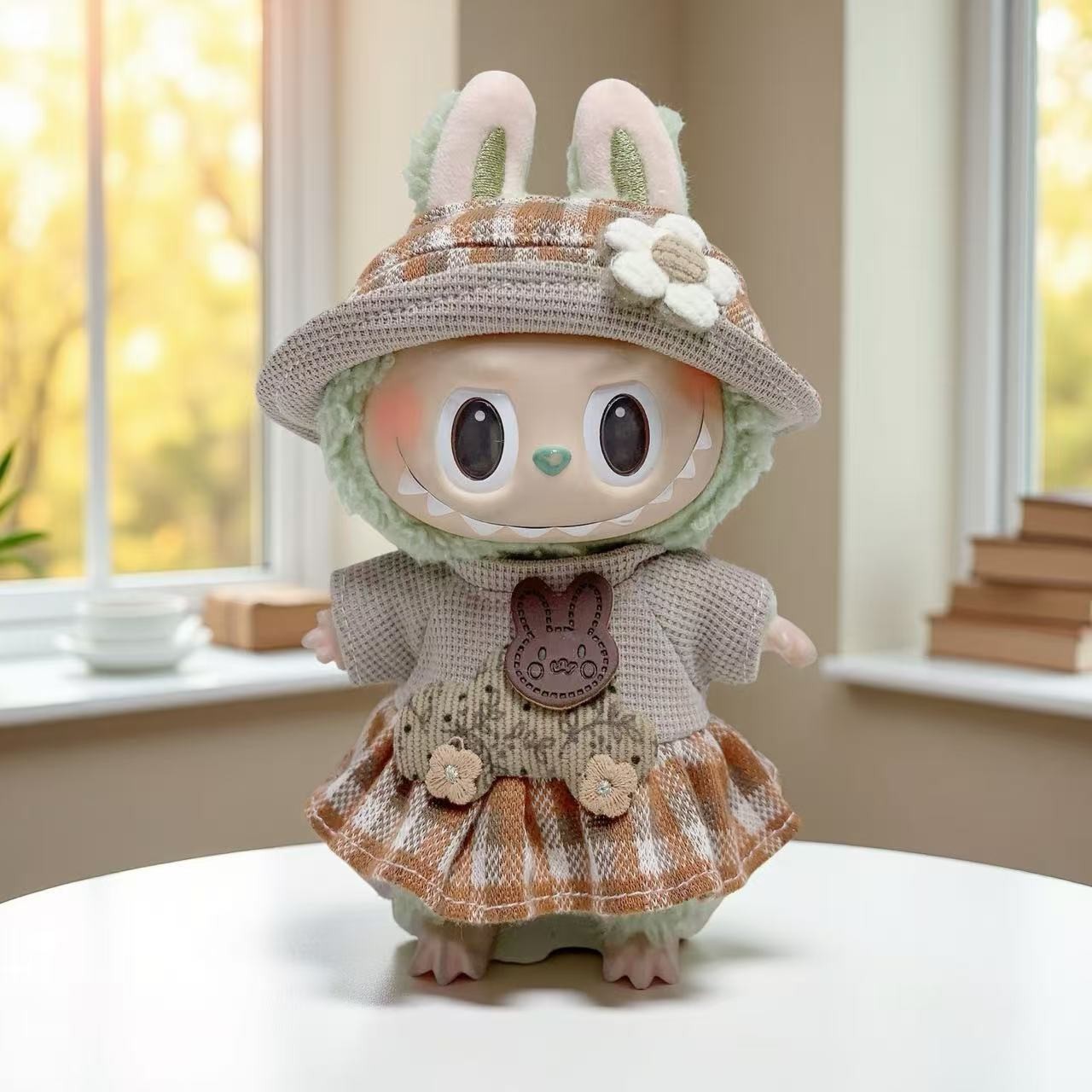 Nuevo conjunto de ropa y gorro de peluche con cara de "Sugar Glue" para muñecas, colgante de peluche, juguete Labuba, amuleto para bolso.