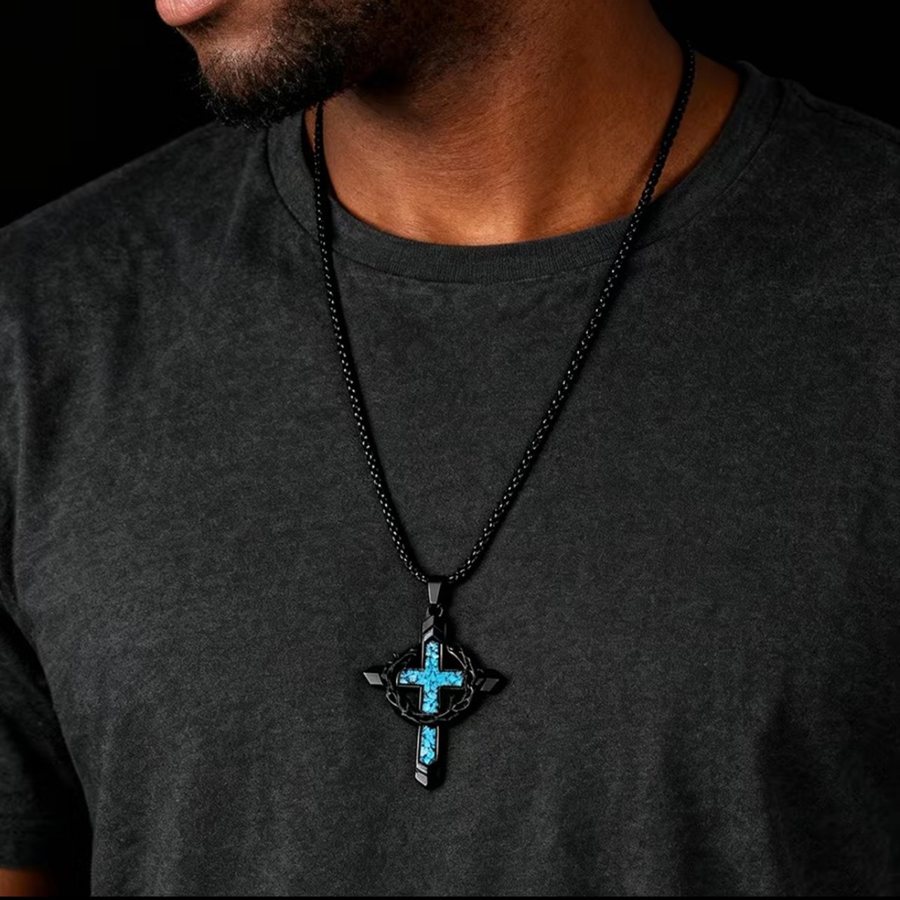 Tk Cross-Border Popular Thorn Flower Crown Cross Necklace with Turquoise Inlay Vintage Pendant for Men Hip-Hop Punk Style
