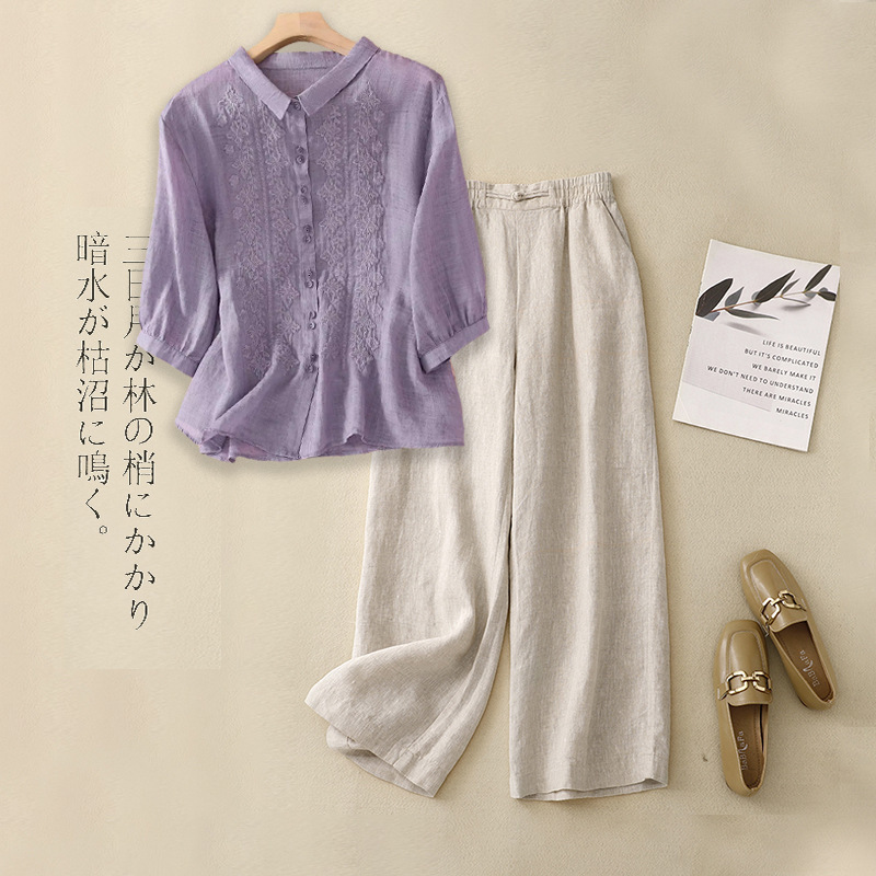 High-End Linen Cotton and Linen Suit for Women 2025 Summer Large Size Western Style Mother Ramie Shirt Wide Leg Pants Two-Piece Set