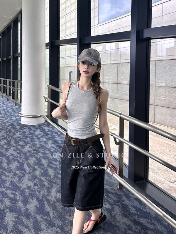 牛仔短裤女高腰显瘦宽松阔腿裤韩版复古设计感撞色大口袋五分裤|undefined