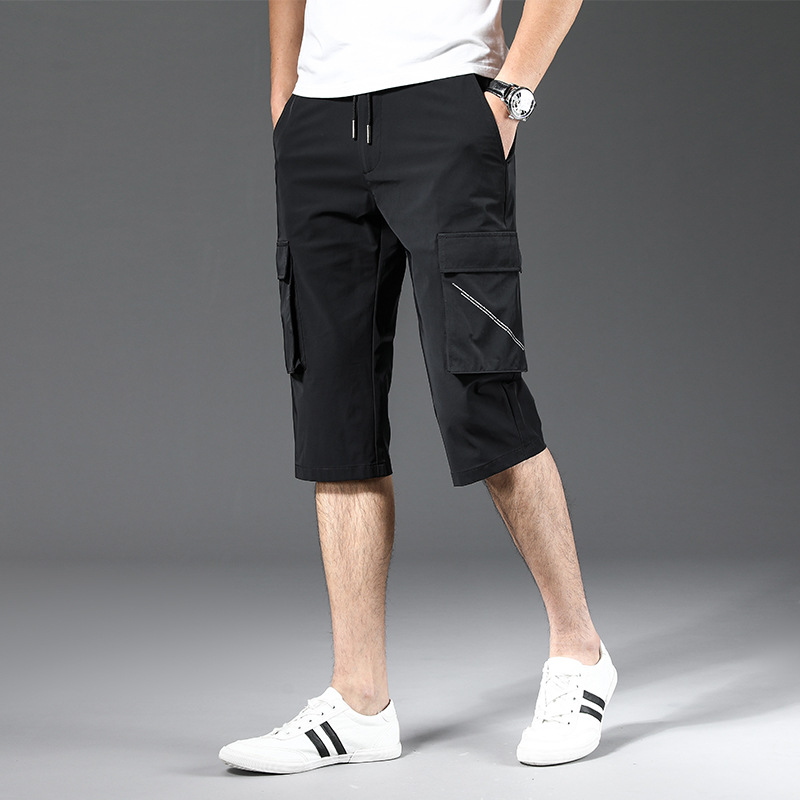 2025 Summer Men's Shorts Loose Straight-Leg Ice Silk Thin Cropped Pants Multi-Pocket Overalls Stretch Men's Pants