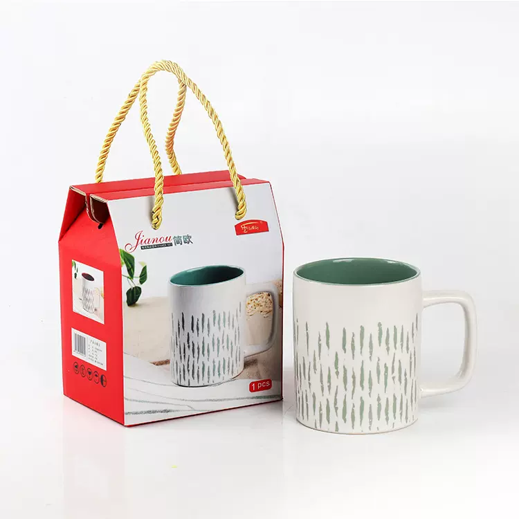 简欧单杯茶水杯咖啡杯马克杯釉下彩简约条纹陶瓷杯伴手礼杯子白瓷
