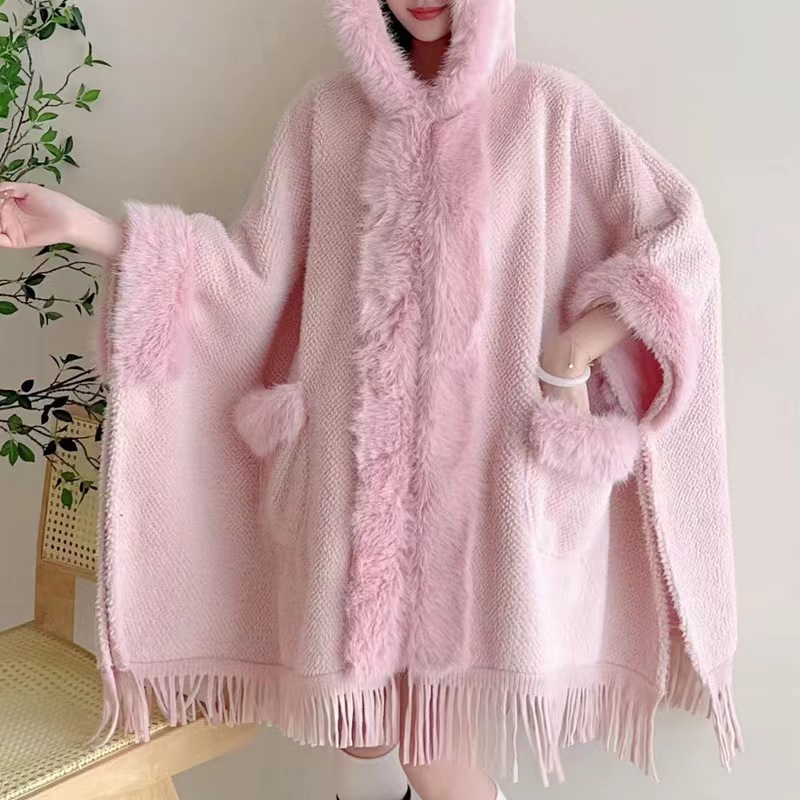 Extra Fleece, extra dicker Wollkragen, Kapuzentasche, Schal, Umhang, lockere Strickjacke, großer Wollmantel für Damen_voghion.com