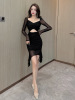 Mesh splicing tight pleated buttocks wrapped long sleeved dress