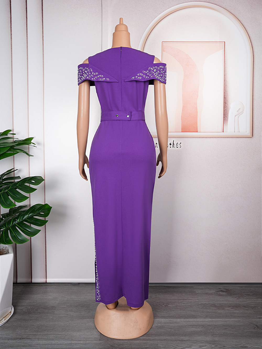 Elegante vestido largo ajustado con diseño de diamantes de imitación y mangas estilo capa: moda africana de talla grande para el trabajo y la noche._voghion.com