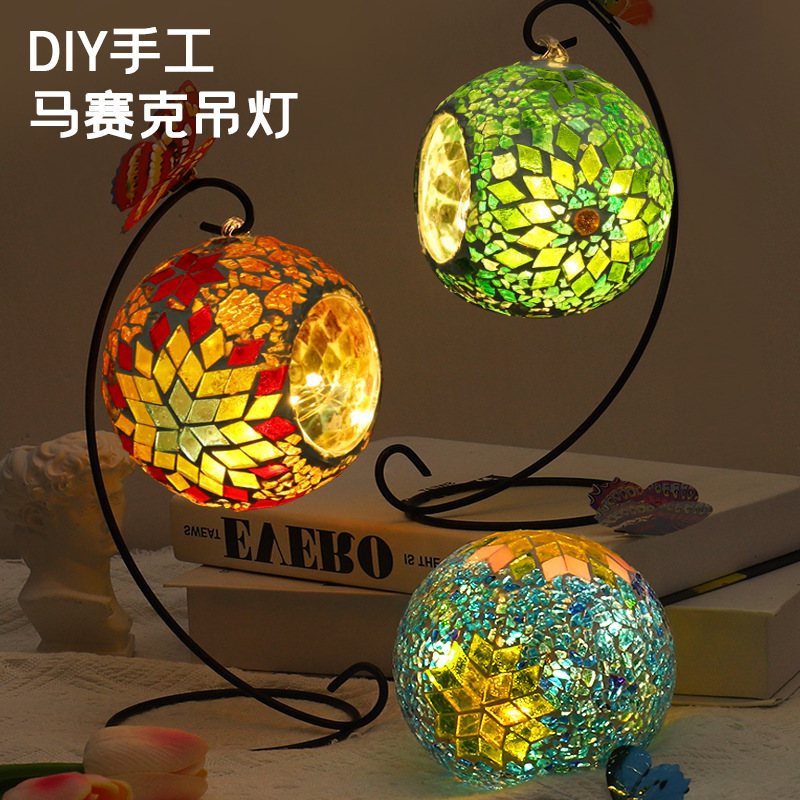(2개) 모자이크 DIY 수제 어린이 창의적인 수제 소재 가방 부모-자식 선물 교수형 촛대 터키 유약 램프