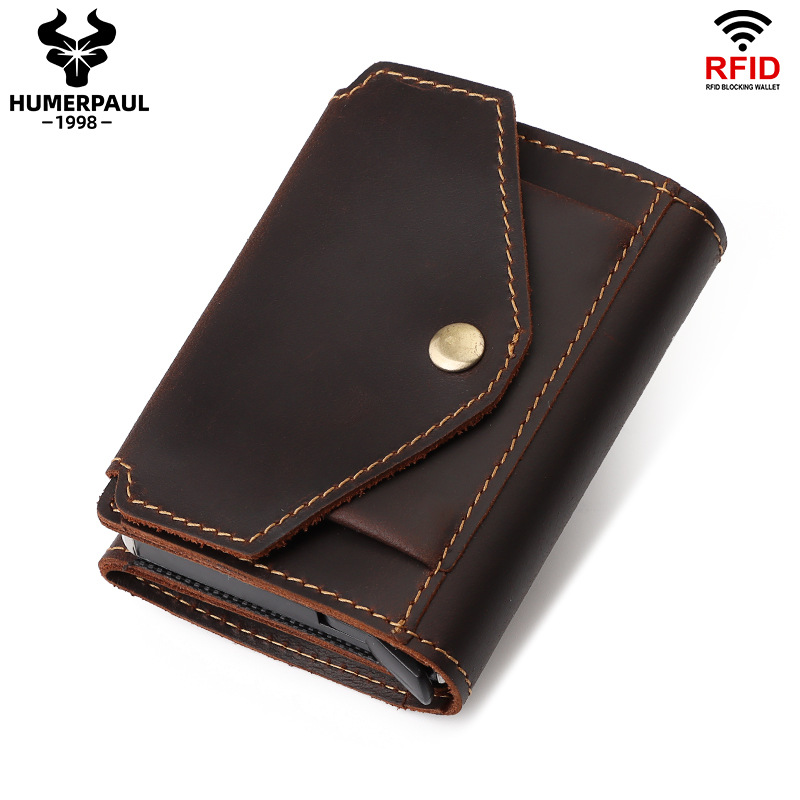 Humvee Paul Crazy Horse monedero de cuero RFID tarjeta automática caja de tarjeta de metal primera capa de cuero genuino titular de la tarjeta de crédito de los hombres