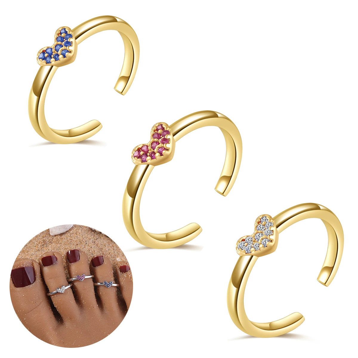 Покрытие медью 18-каратное золотое кольцо для ног циркона любовь розовый синий белый циркон женский летний пляж ювелирные изделия