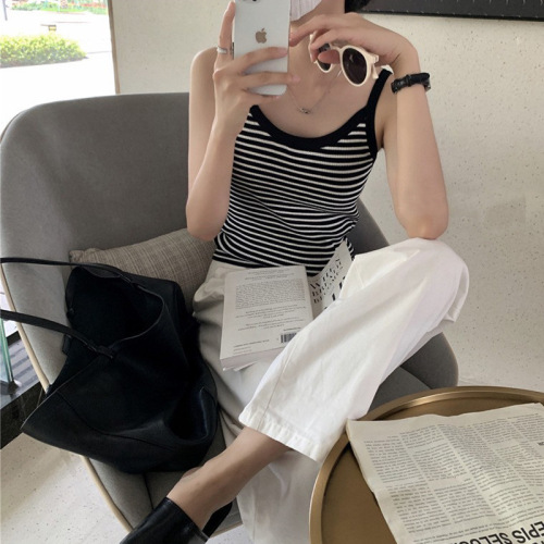  Trendy French Striped Tank Top for Women, Wearable as Outerwear, Pure Desire Hong Kong Style Knit Bodysuit, Sleeveless, Fitted Backless Top, Autumn
