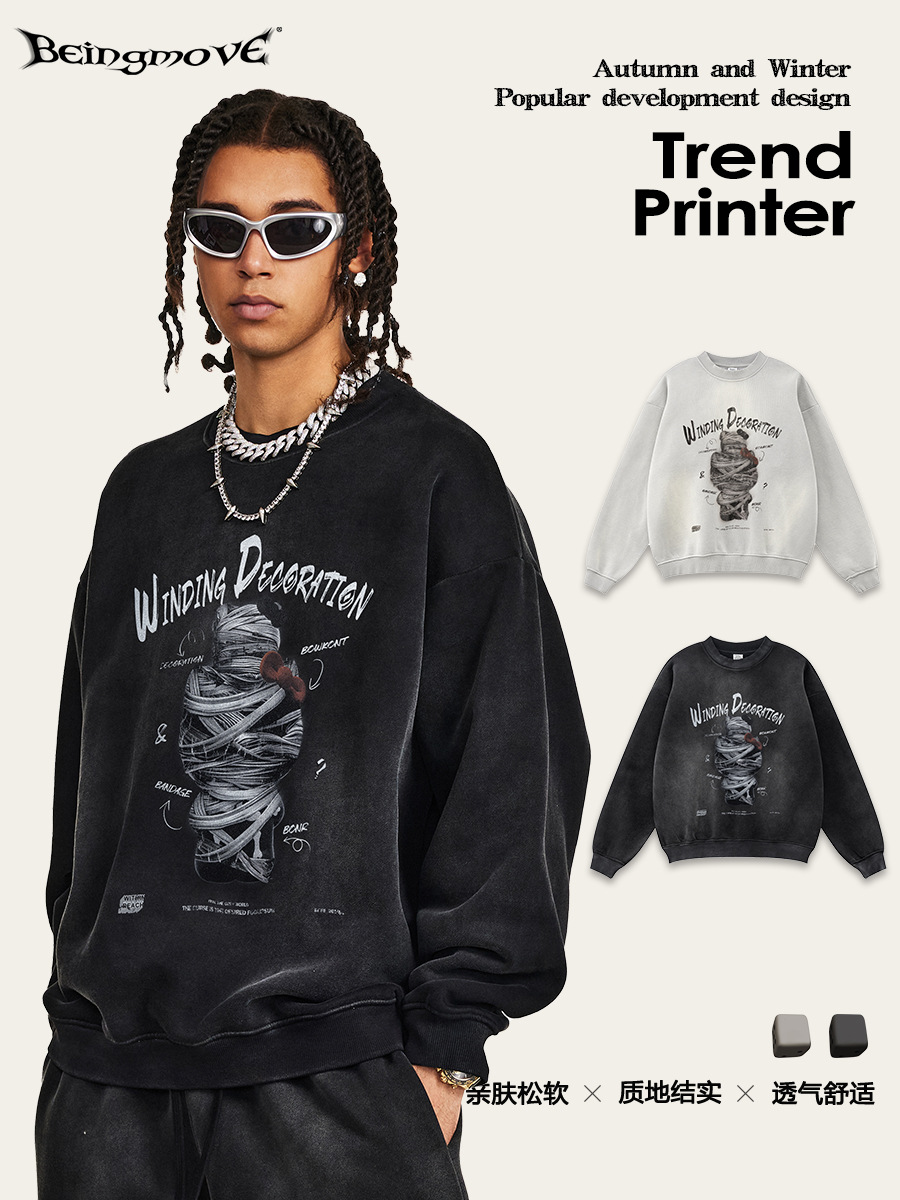 2025 otoño americano marca de moda vintage calle de moda vendaje Kitty impresión vintage chaqueta de cuello redondo para hombre