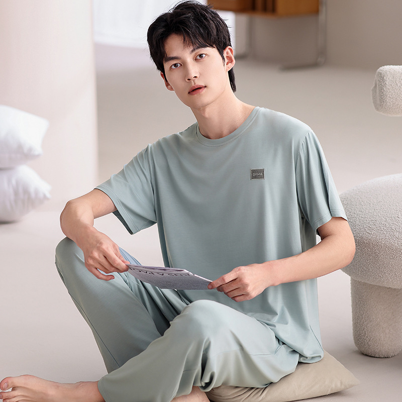 男性用パジャマ夏の新しいモーダル半袖ズボン 2 点セットティーンエイジャー薄型スタイルは家の服の外で着用できます大きいサイズ|undefined