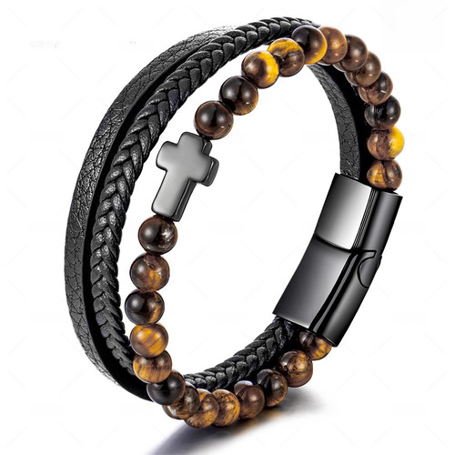 Cross Bracelet Men Titanium Steel Multi-layer Woven Leather Bracelet Stainless Steel Natural Tiger Eye Agate Cross 