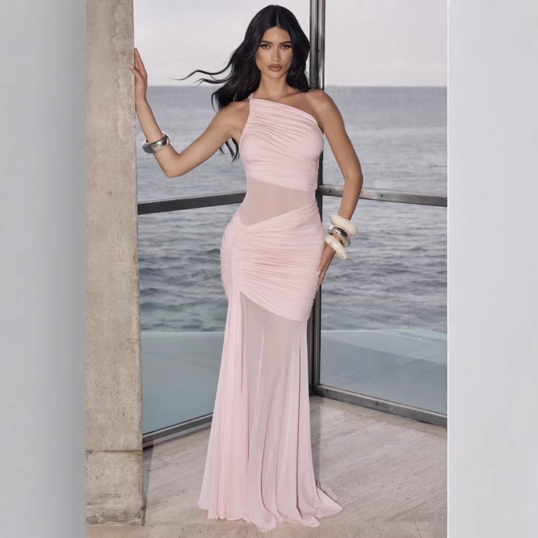 2025 European and American Cross-Border New Style Oblique Shoulder See-Through Pleated Dress Sexy Sexy Slim Fit Hip-Hugging Dress