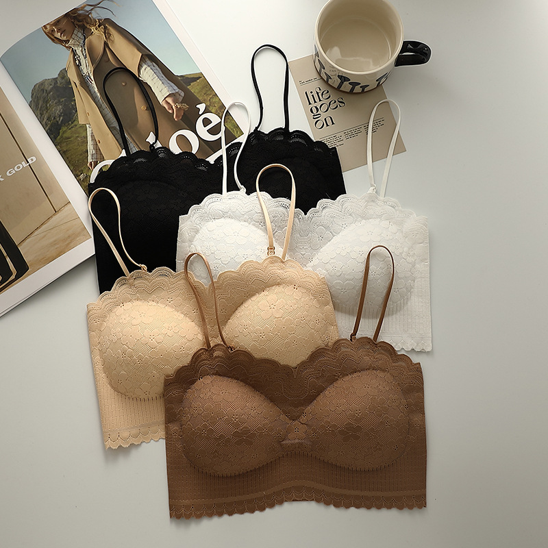 New markless lace beautiful back bra integrated with chest pad with tube top ice silk suspender wrapping chest beautiful back bra