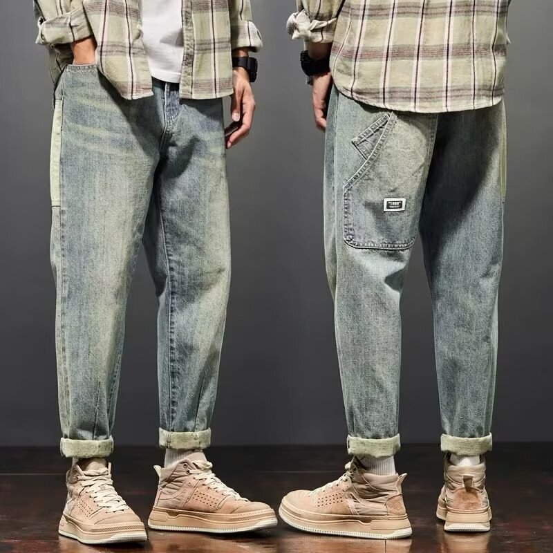 Work Jeans for Boys Autum Thin American Fashion Brand High Street Retro Wide Leg Long Pants Loose Straight 2024