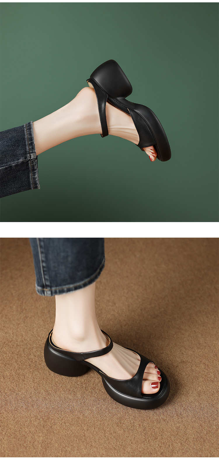 Sandal cao gót hở mũi nữ phong cách Pháp đế dày chống trượt — màu đen, màu trắng ngà, màu vàng chi tiết 14