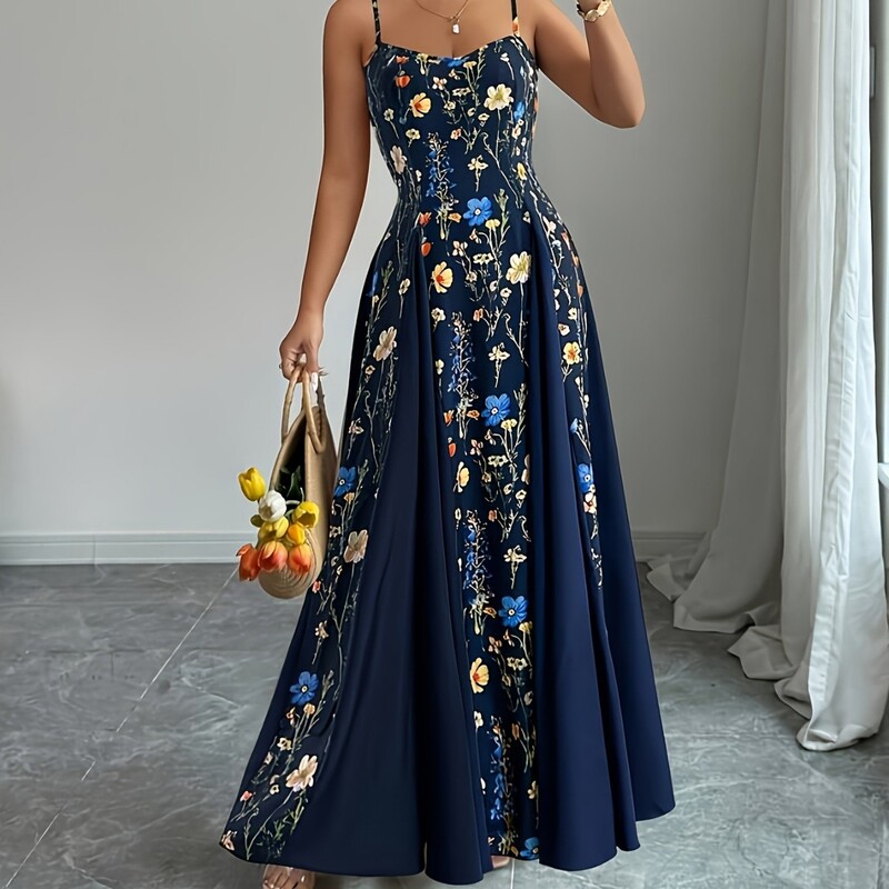 Elegant women's plant print long dress with thin straps, waist-cinching A-line skirt, suitable for commuting and seaside vacations Elegant women's plant print long dress with thin straps, waist-cinching A-line skirt, suitable for commuting and seaside vacations