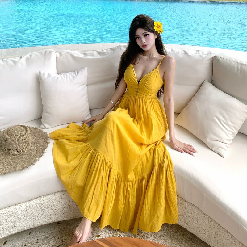 Vacation-Style Mango Yellow Backless Spaghetti Strap Dress for Women, Sanya Dopamine Beach Dress, Niche and Stunning Outfit, High-End Vacation-Style Mango Yellow Backless Spaghetti Strap Dress for Women, Sanya Dopamine Beach Dress, Niche and Stunning Outfit, High-End