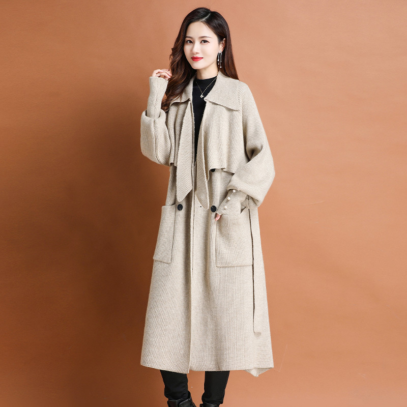 2023秋冬季新款女装韩版时尚针织羊毛衫修身中长款风衣毛衣外套