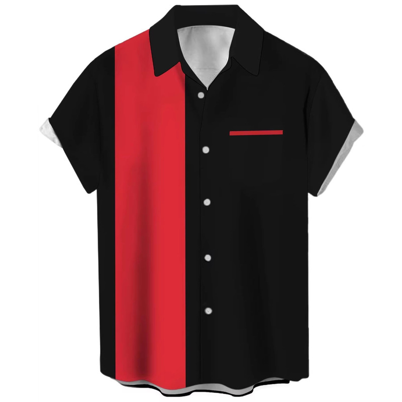 Men's Retro Bowling Shirt 1950S Casual Short-Sleeved Button-Down Color-Block Shirt Summer Color-Block Shirt