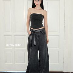 Feytiyシンプルなストライプのネクタイの個性ベルトの復古y 2kギャルの狭い長いスカーフ学院の韓国版の春夏