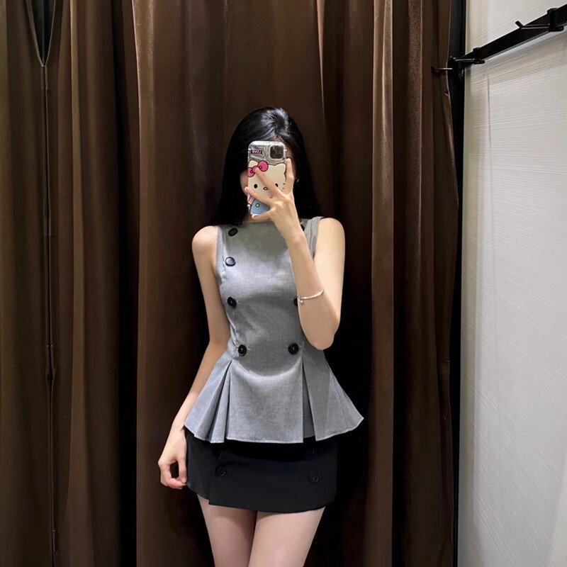 Foreign trade wholesale 2024 ZA series fashion Joker row buckle boat collar sleeveless slim blouse top 3067102