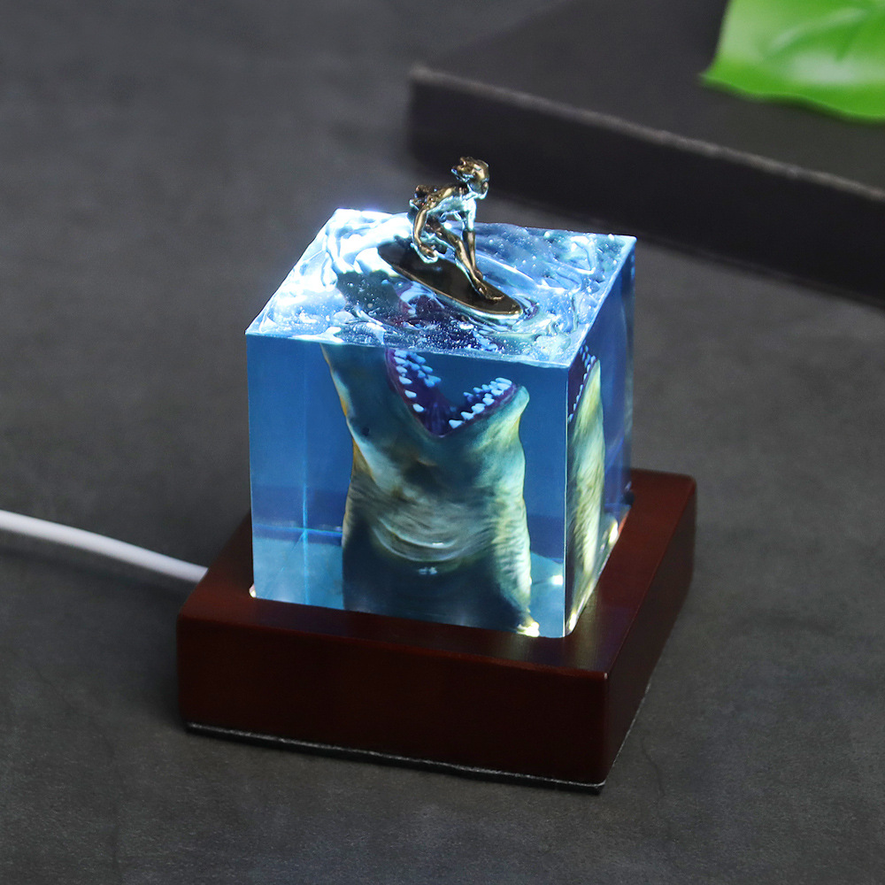 Marine Shark Surfer Micro Landscape Night Light Ornaments Crystal Epoxy Resin Crafts Trendy Creative