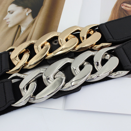 Ladies Fashion 8-Character Metal Chain Buckle Relaxed Belt for Dresses, Coats, and Suit with Elastic Waist Closure
