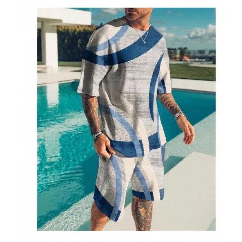 2023 verano transfronterizo camiseta 3D europea y americana manga corta pantalones cortos de dos piezas deportivos casuales para hombres