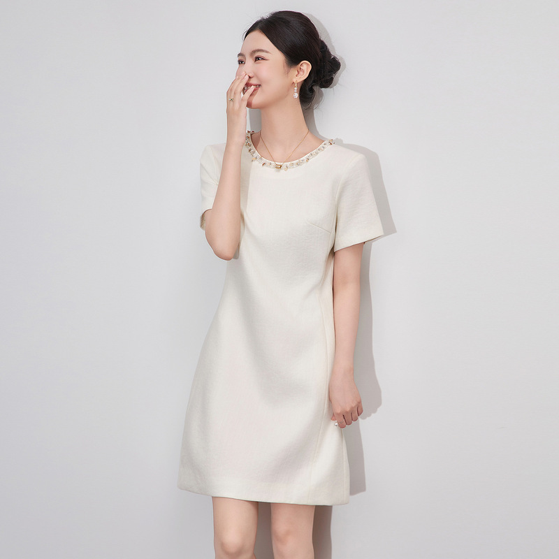 2509608-Chic Diamond Design Linen Blend Dress French Style Waist-Cinching Nanyou Women's Summer New Style