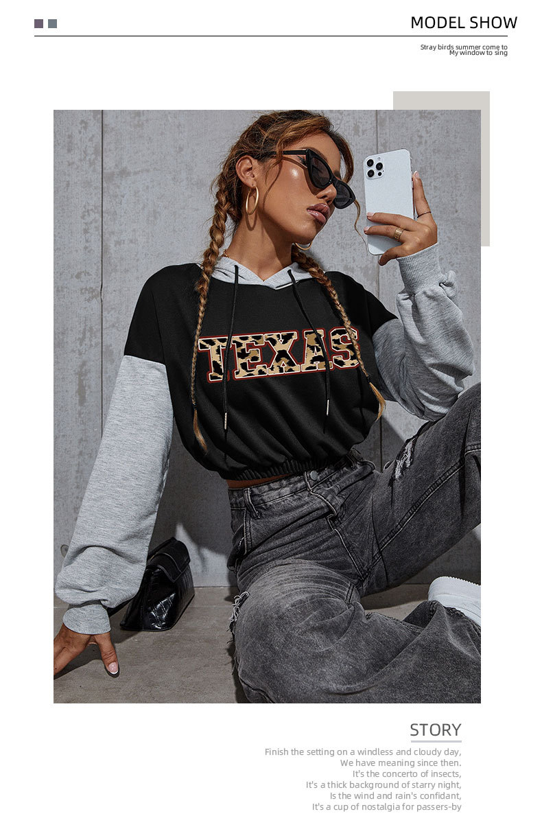 Felpa con cappuccio corta stampata autunno 2024, casual, corta, patchwork, per donna_voghion.com