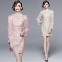 名媛轻奢时尚刺绣亮片连衣裙女高级感减龄蕾丝粗花呢拼接短裙