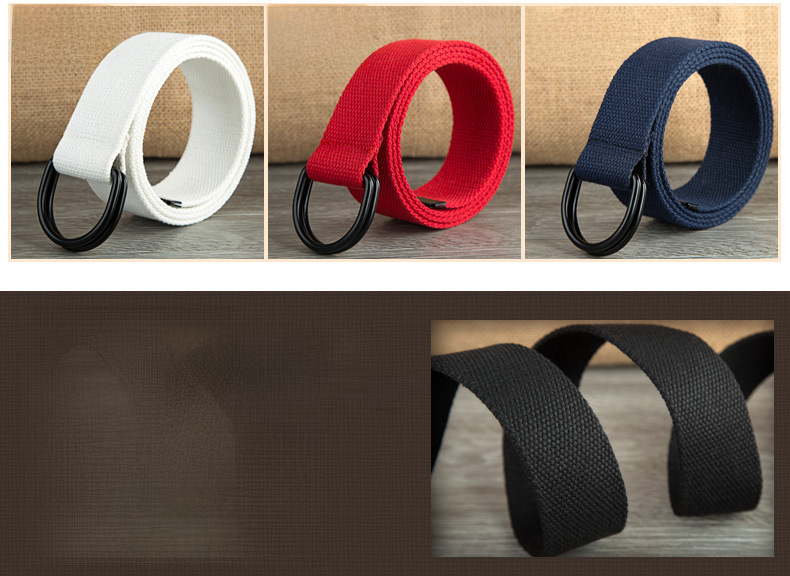 Double-loop Canvas Belt Men's and Women's Black D-shaped Buckle Cloth Belt Half-ring Long Canvas Belt_voghion.com