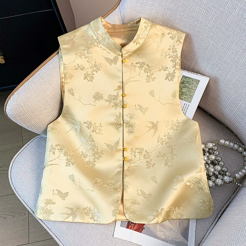 Новый китайский стиль, национальный тренд, вышитая пряжка, воротник-стойка, атласный жаккардовый жилет, ретро-жилет, верхний жилет, куртка для женщин